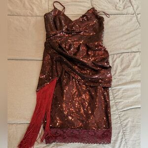 Dress the Population Red Sequined Fringe Lace Hem Cocktail Party Mini Dress Sz S